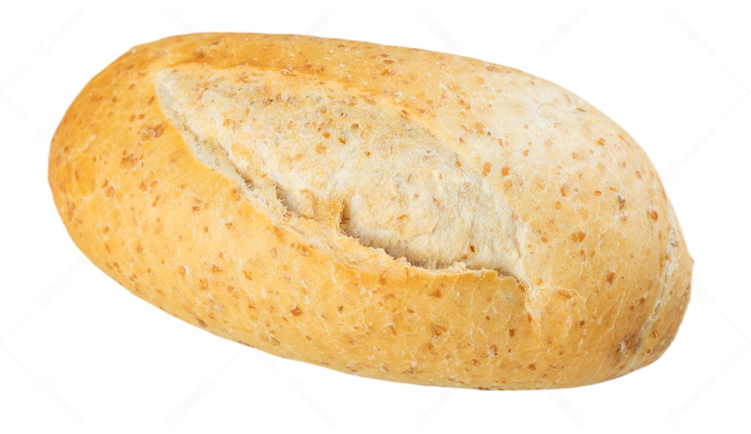 Pão francês de grãos inteiros isolado no fundo branco.