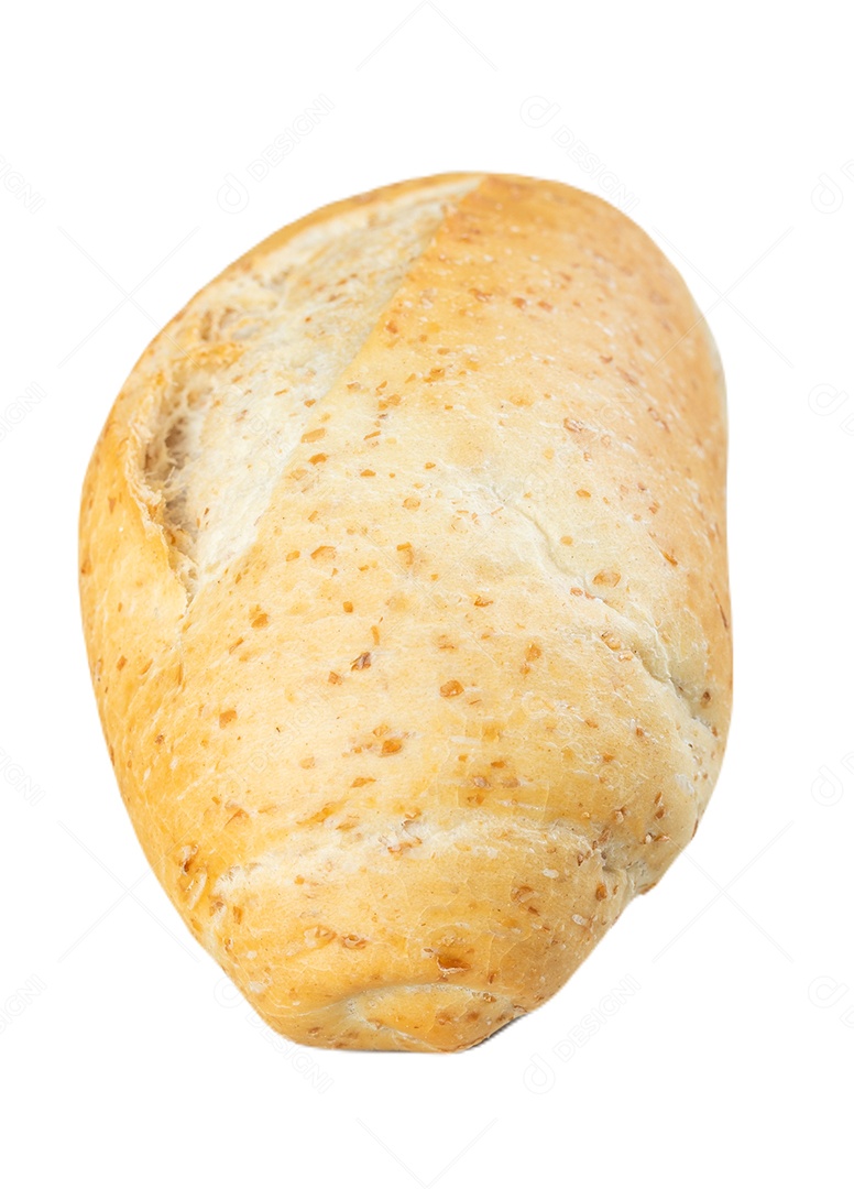 Pão francês de grãos inteiros isolado no fundo branco.