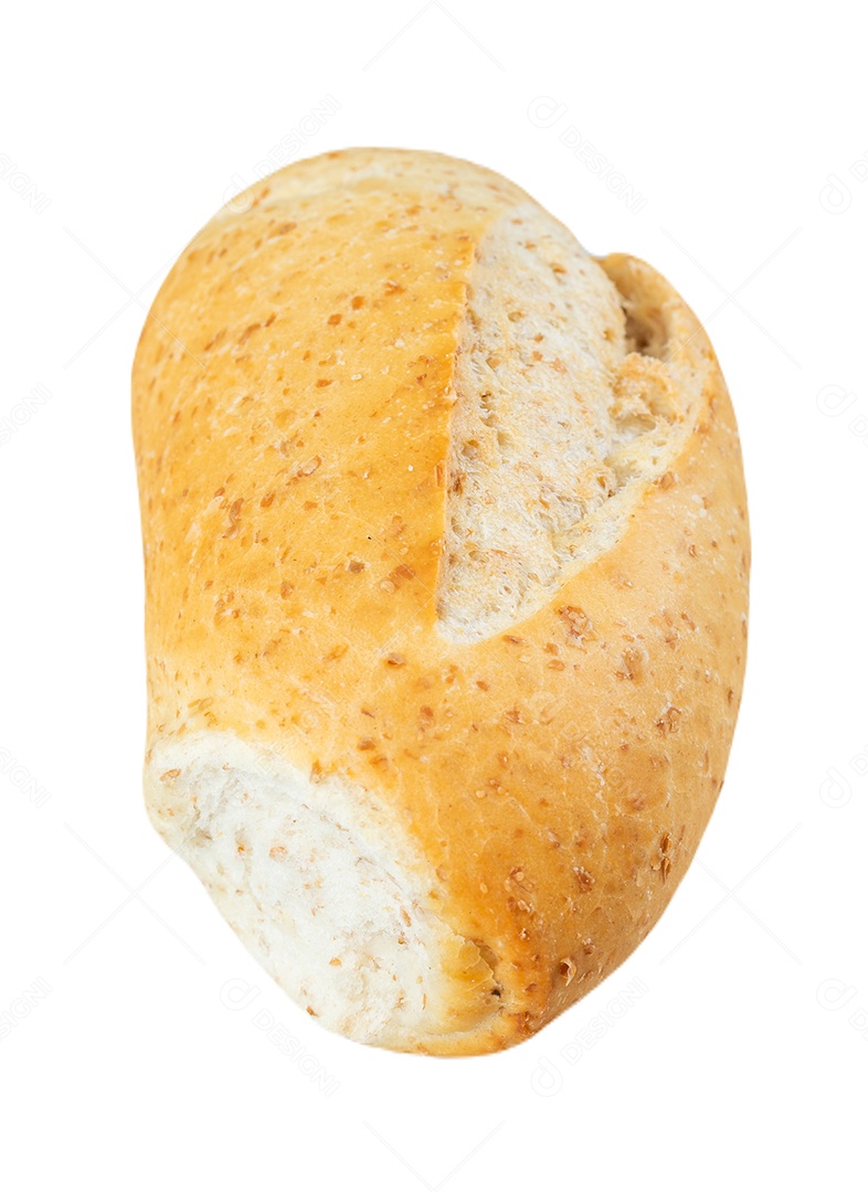 Pão francês de grãos inteiros isolado no fundo branco.