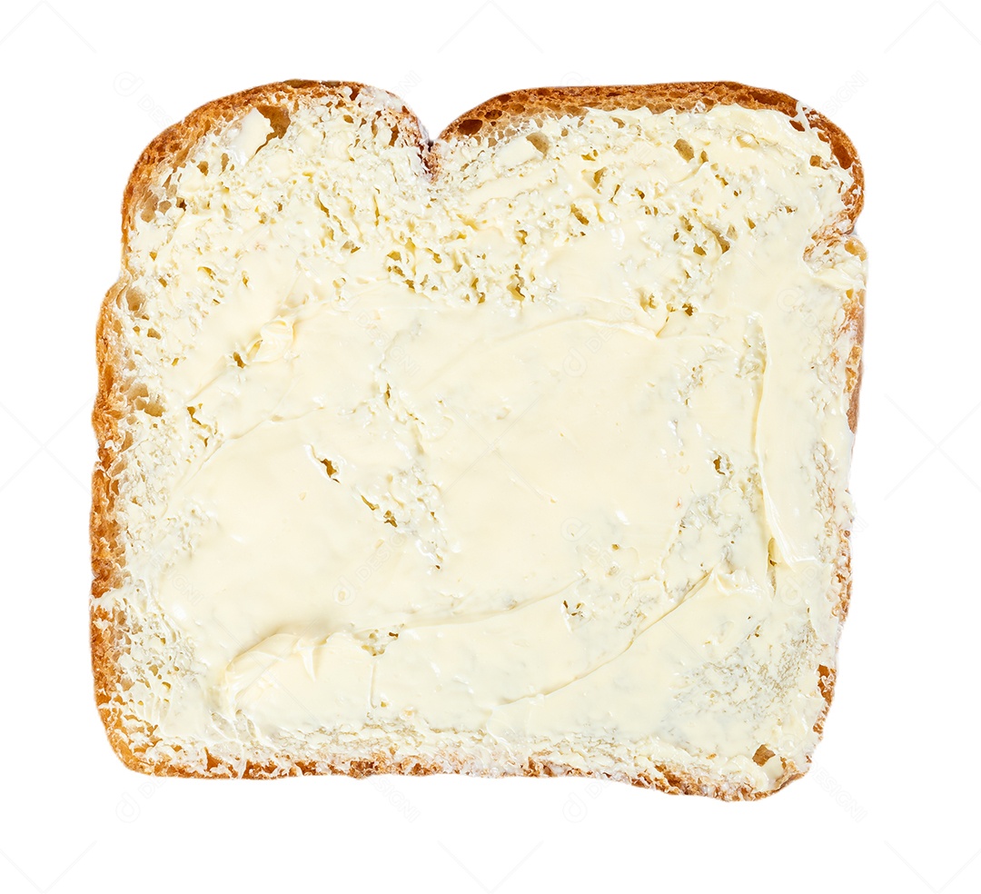 fatia de pão torrado fatiado com manteiga de margarina isolada no fundo branco, vista superior.