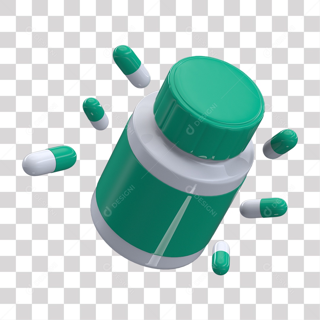 Cápsulas e Frasco Branco e Verde Elemento 3D PNG Transparente sem Fundo