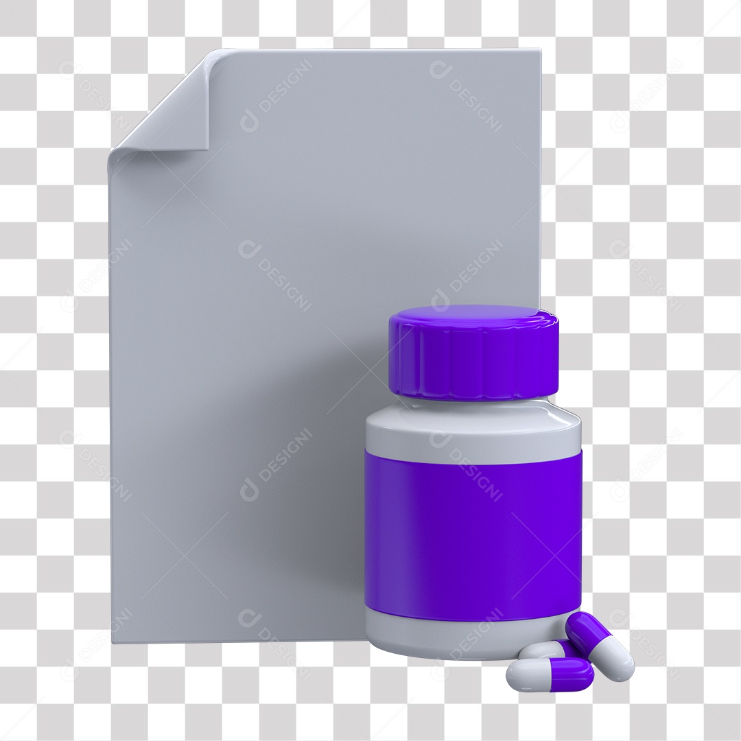 Cápsulas e Frasco Branco e Roxo Elemento 3D PNG Transparente sem Fundo