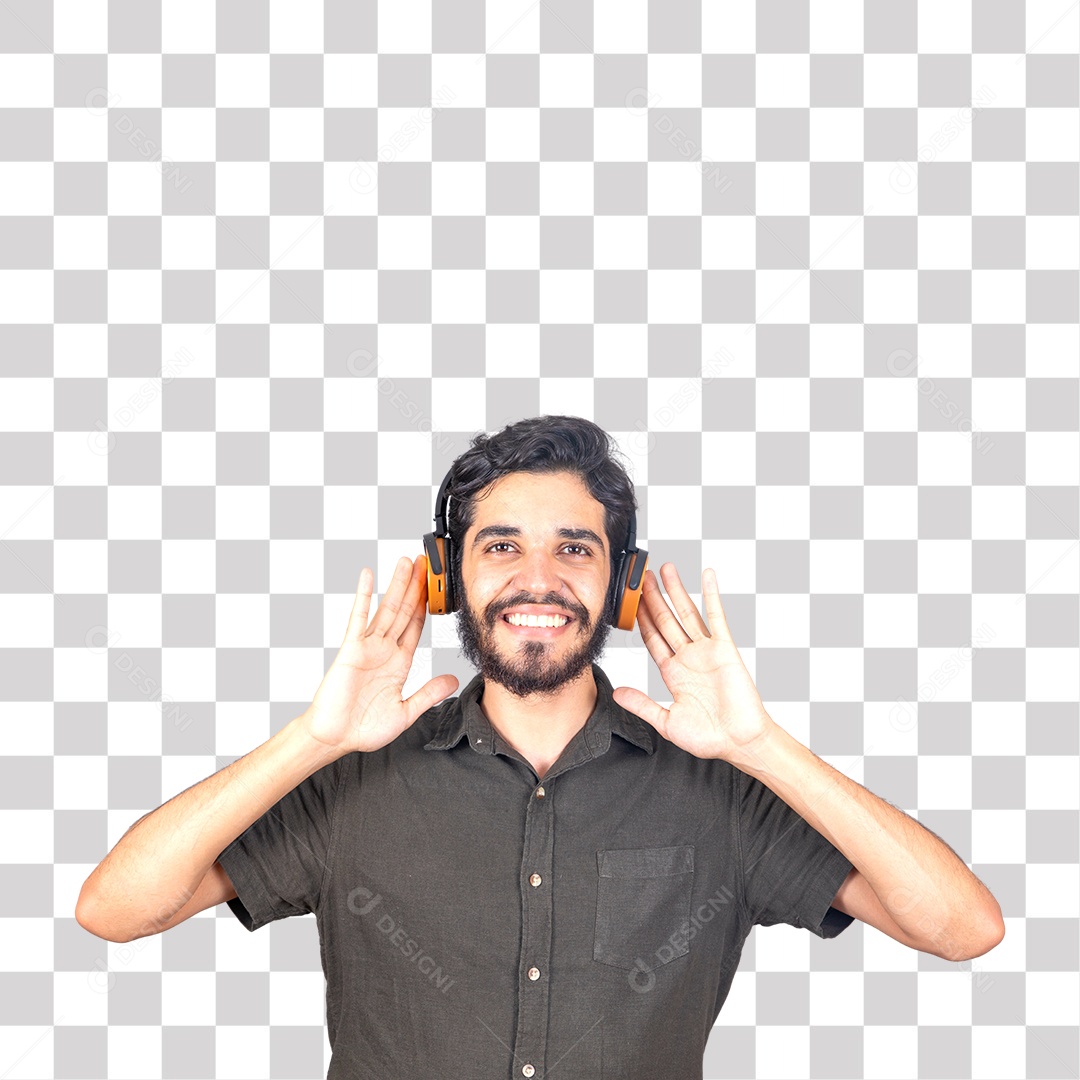 Homem Barbudo Sorrindo Escutando Músicas em Fone de Ouvido PNG Transparente sem Fundo