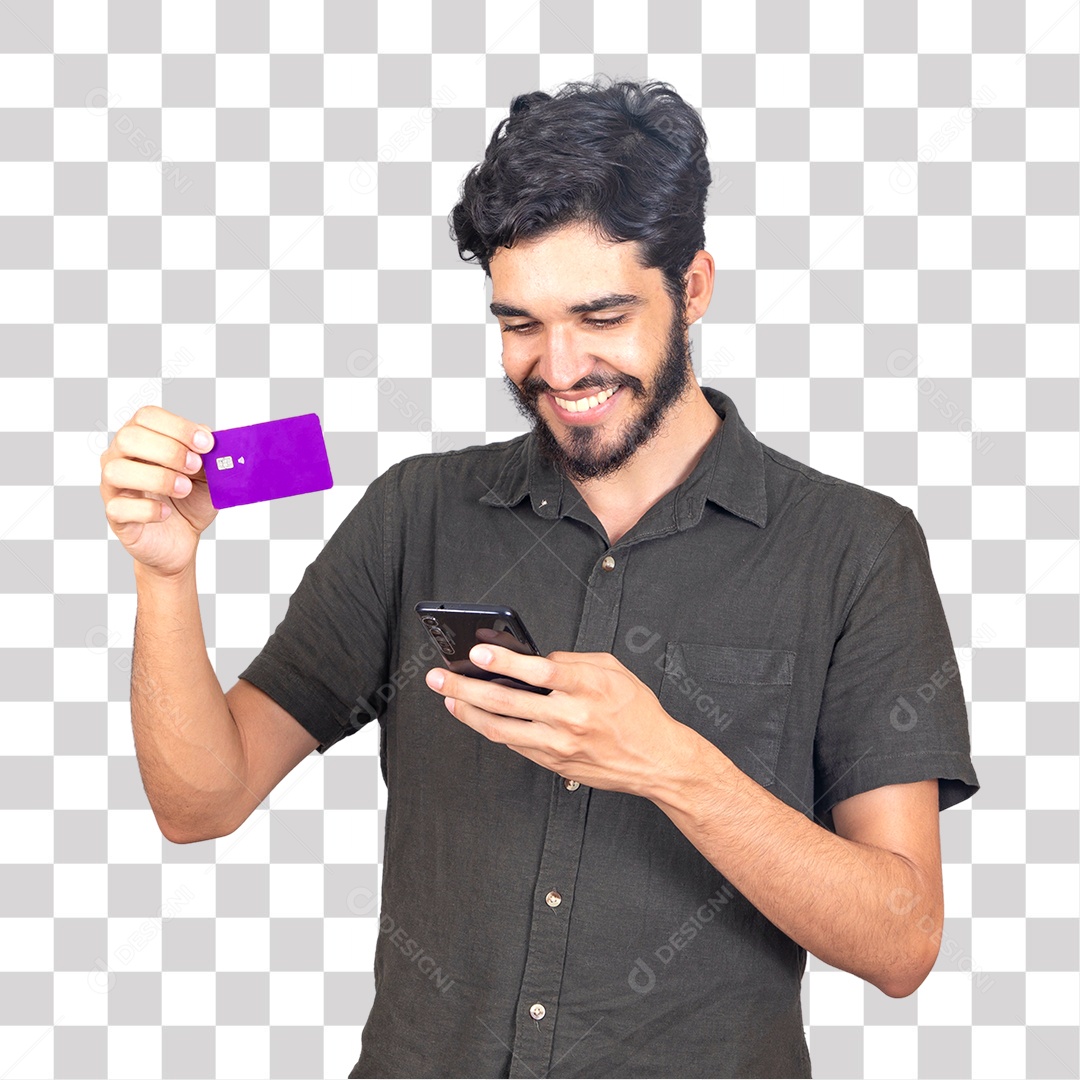 Homem Fazendo compras no Celular com Cartão de Crédito PNG Transparente sem Fundo