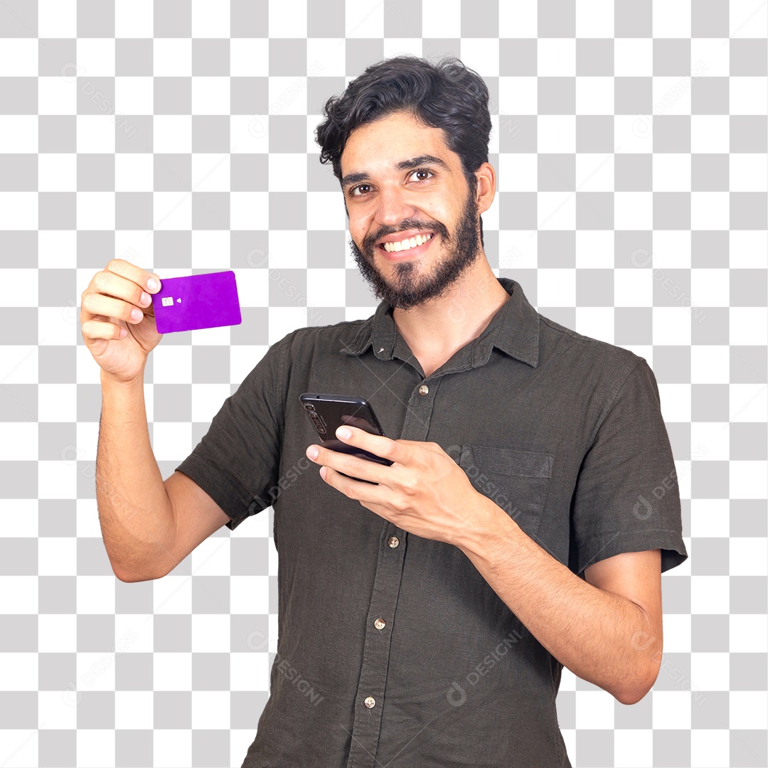 Smiling Man Giving Cell Phone Presentation and Showing Credit Card Transparent PNG