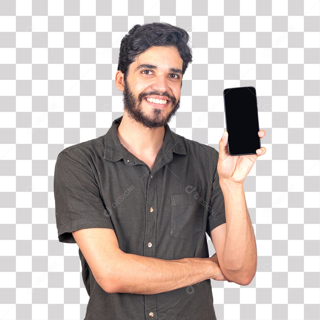 Homem Barbudo Sorrindo Fazendo Apresentação de Celular PNG Transparente sem Fundo