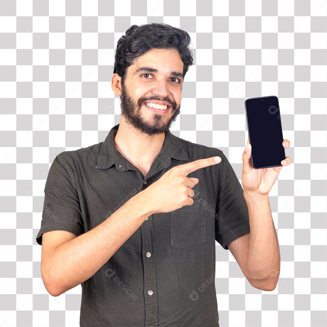 Homem Barbudo Sorrindo Fazendo Apresentação de Celular PNG Transparente sem Fundo