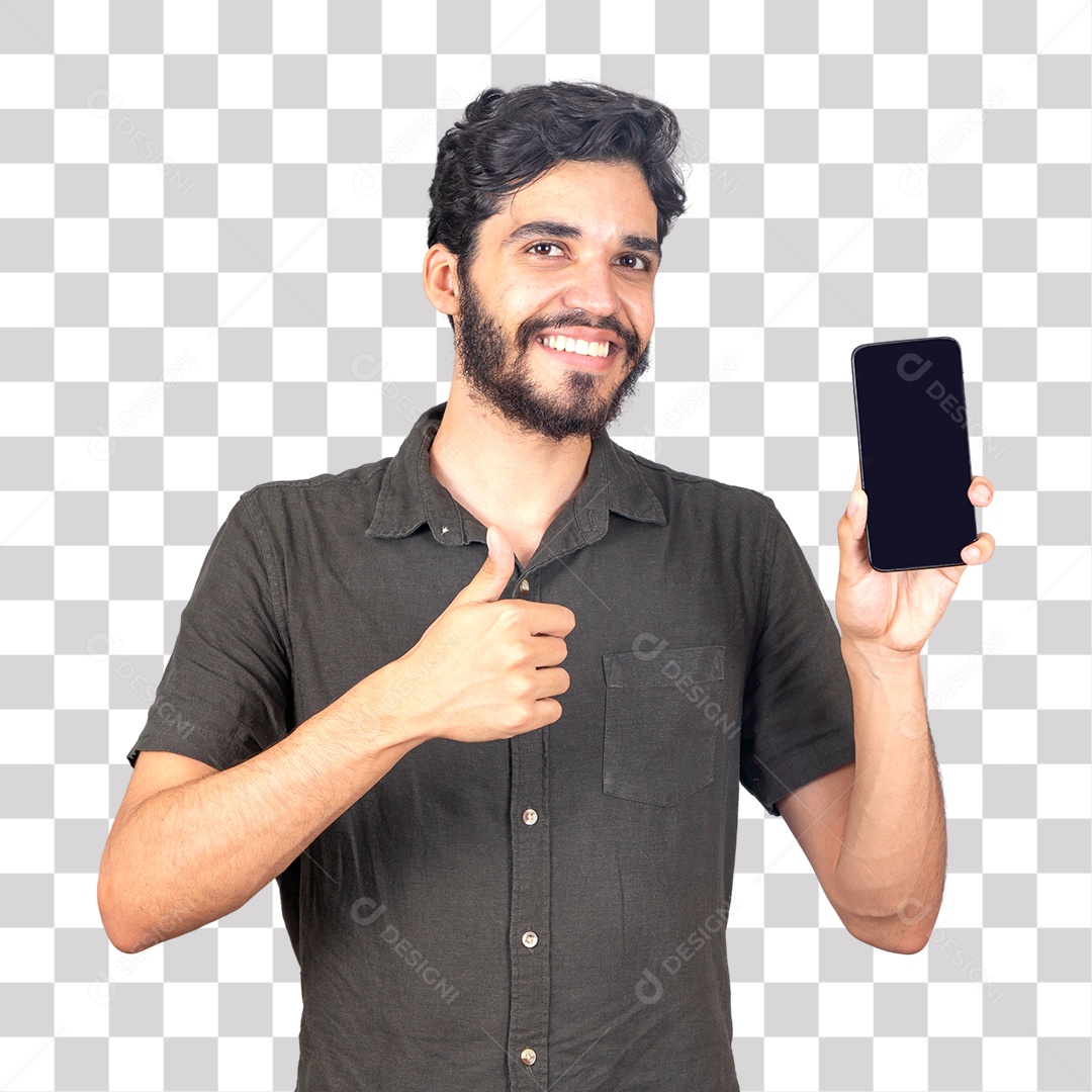 Homem Barbudo Sorrindo Fazendo Apresentação de Celular PNG Transparente sem Fundo