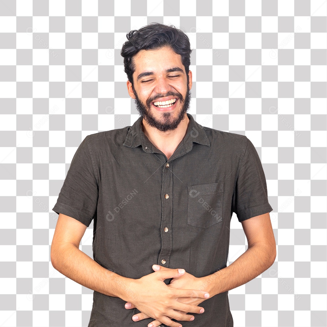 Homem Barbudo com as Mãos uma encima da outra Sorrindo PNG Transparente sem Fundo