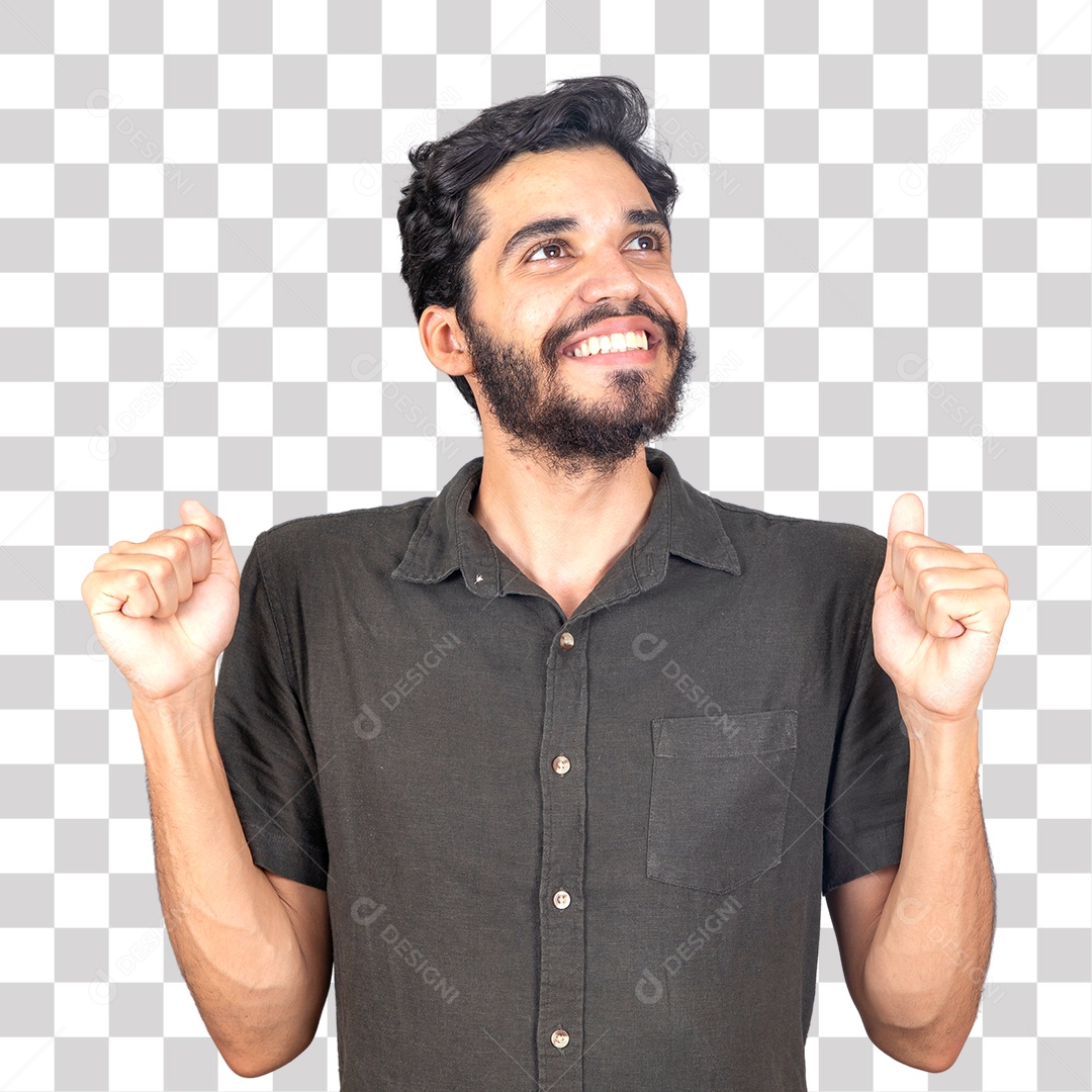 Homem Sorrindo com Com Mãos Fechada Comemorando PNG Transparente Sem Fundo