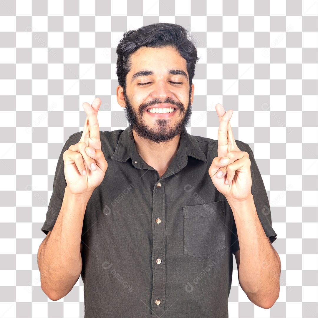 Homem Sorrindo com Dedos Cruzados PNG Transparente Sem Fundo