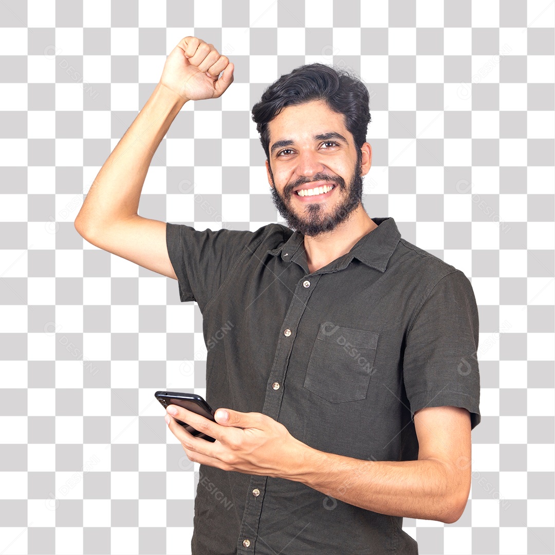 Jovem Feliz Mexendo em Celular PNG Transparente sem Fundo