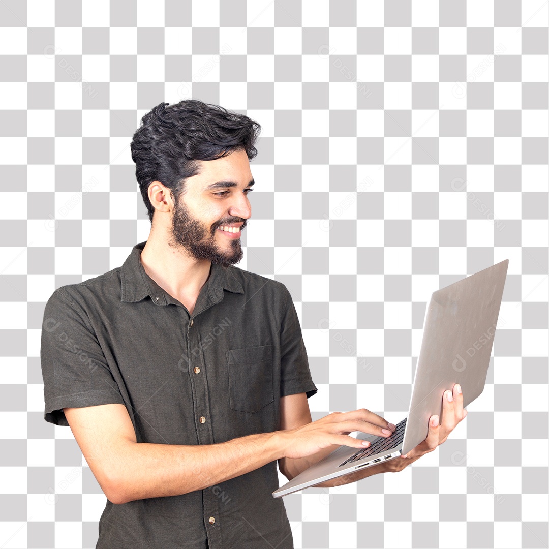 Jovem Feliz Mexendo em Notebook PNG Transparente sem Fundo