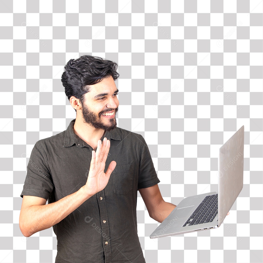 Jovem Feliz Mexendo em Notebook PNG Transparente sem Fundo
