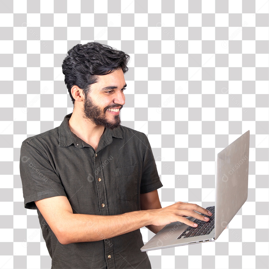 Jovem Feliz Mexendo em Notebook PNG Transparente sem Fundo