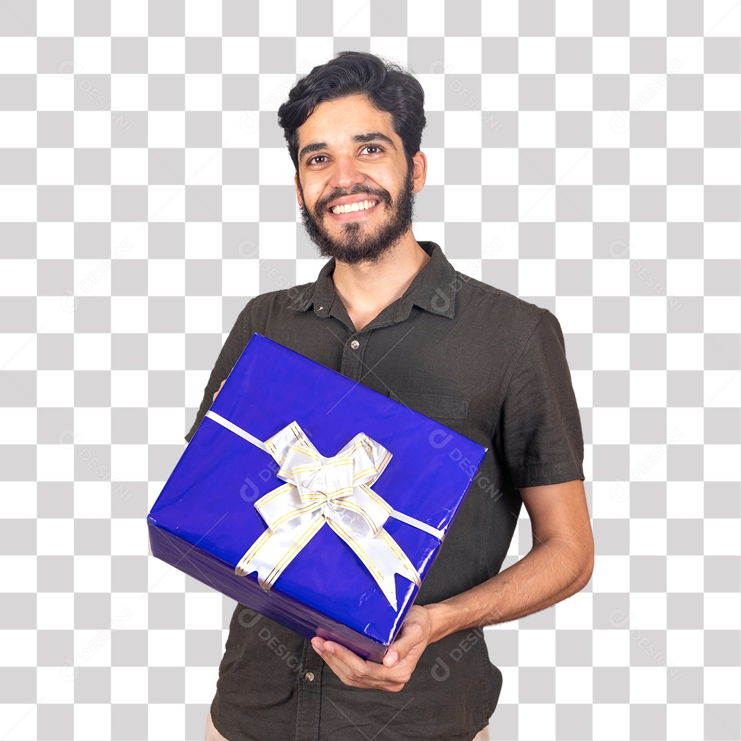 Jovem com Caixa de Presente Azul com Laço Branco PNG Transparente sem Fundo
