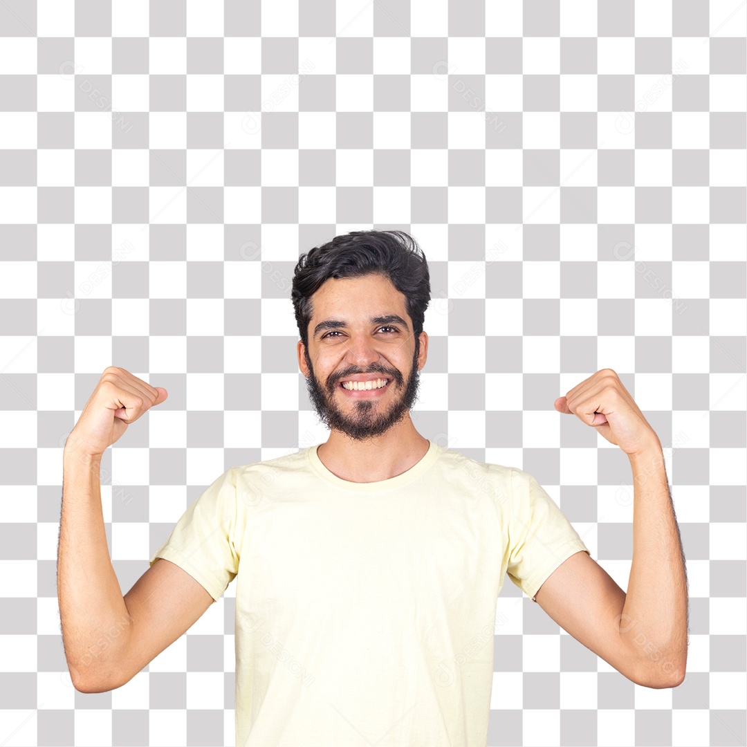 Homem Barbudo Sorrindo Fazendo gesto de Força PNG Transparente sem Fundo
