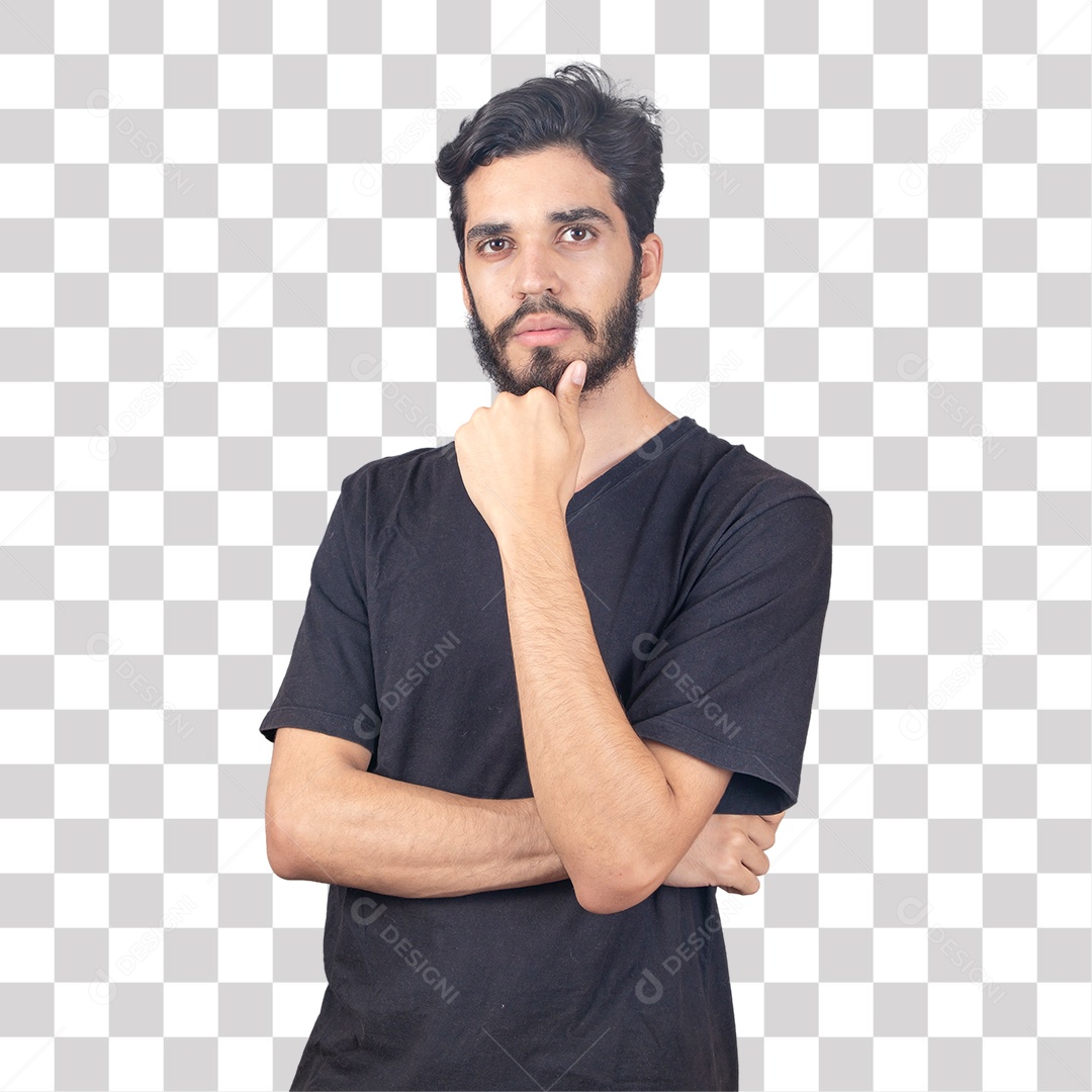 Jovem Feliz Sorrindo com Mão no Queixo PNG Transparente Sem Fundo