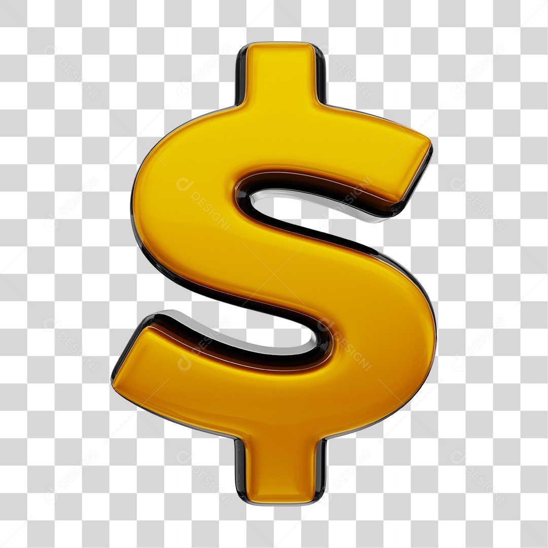 Símbolo de Cifrão Dourado e Preto Elemento 3D para Composição PNG Transparente