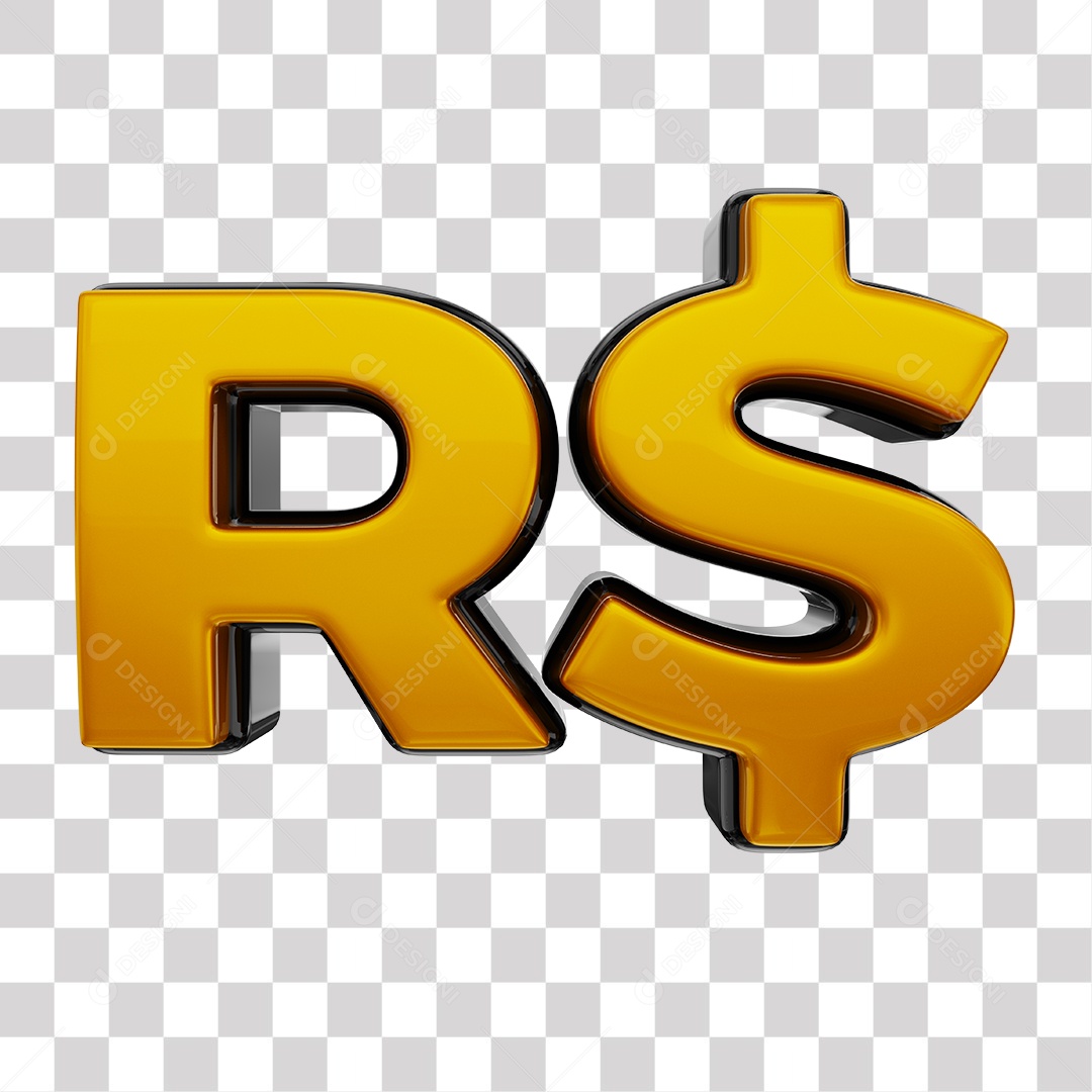 Símbolo de Real Elemento 3D Dourado e Preto para Composição PNG Transparente