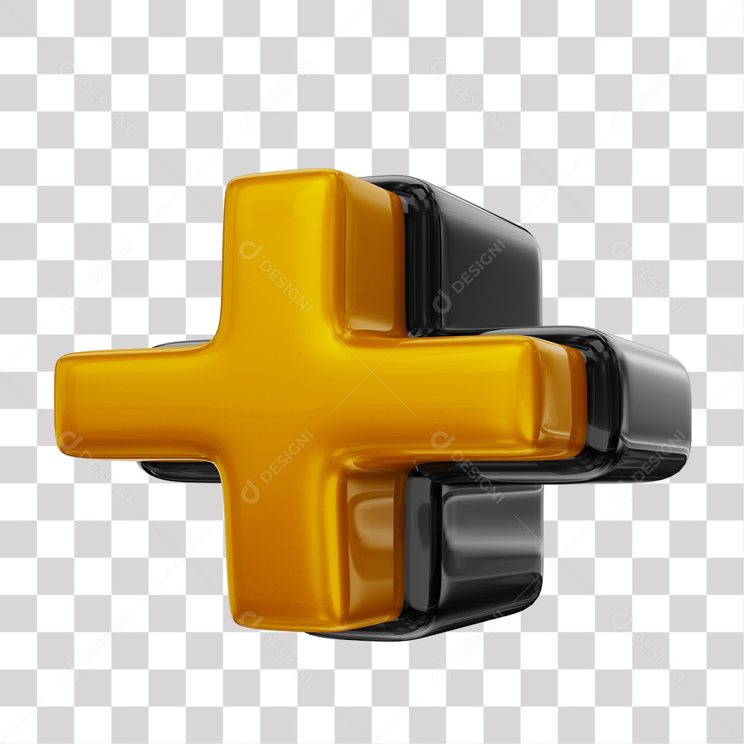 Símbolo de Mais + Elemento 3D Dourado e Preto para Composição PNG Transparente