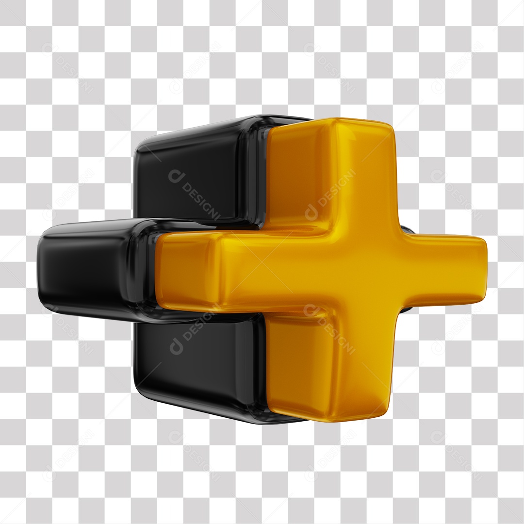 Símbolo de Mais + Elemento 3D Dourado e Preto para Composição PNG Transparente