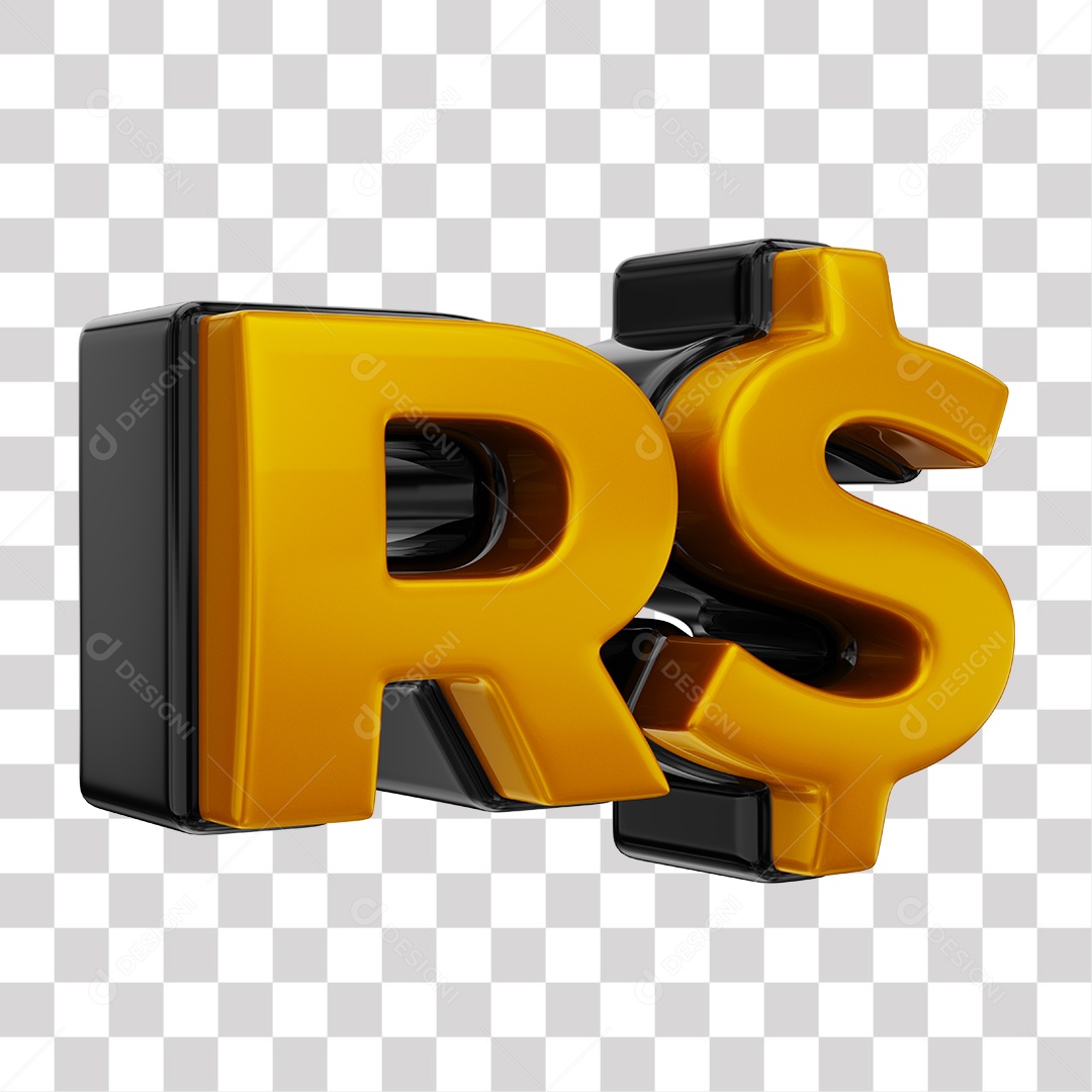 Símbolo de Real Elemento 3D Dourado e Preto para Composição PNG Transparente