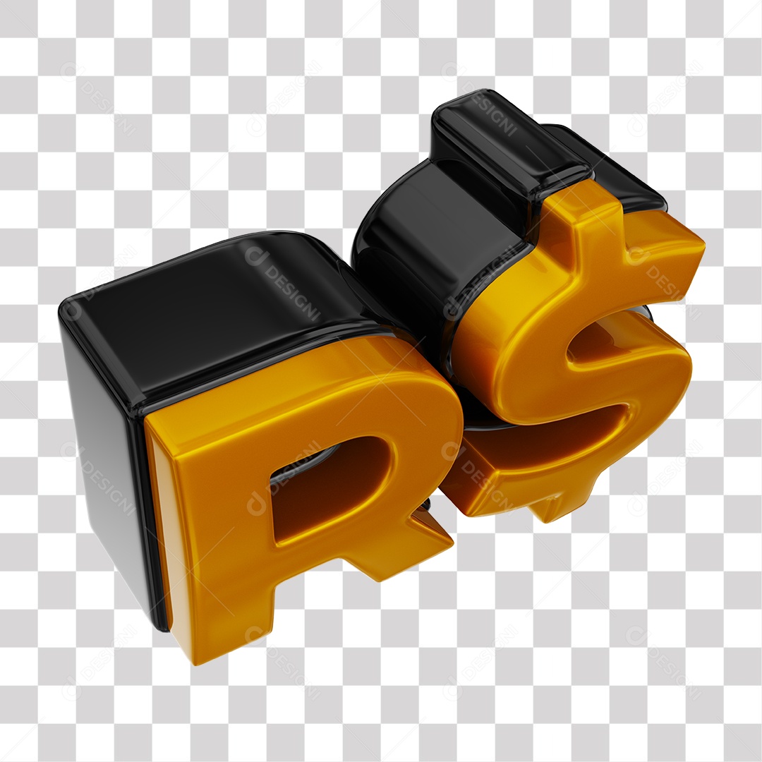 Símbolo de Real Elemento 3D Dourado e Preto para Composição PNG Transparente