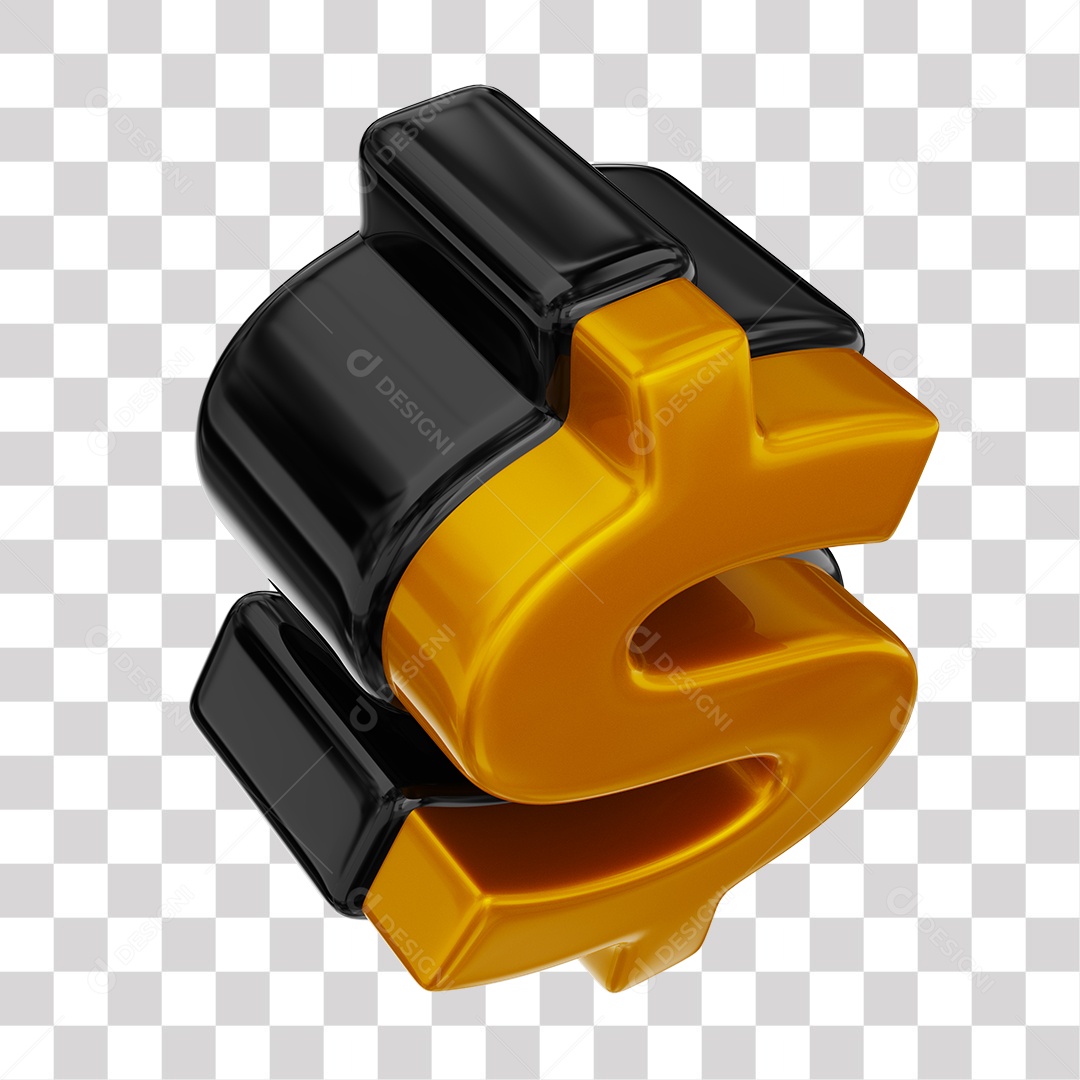 Símbolo de Cifrão Dourado e Preto Elemento 3D para Composição PNG Transparente