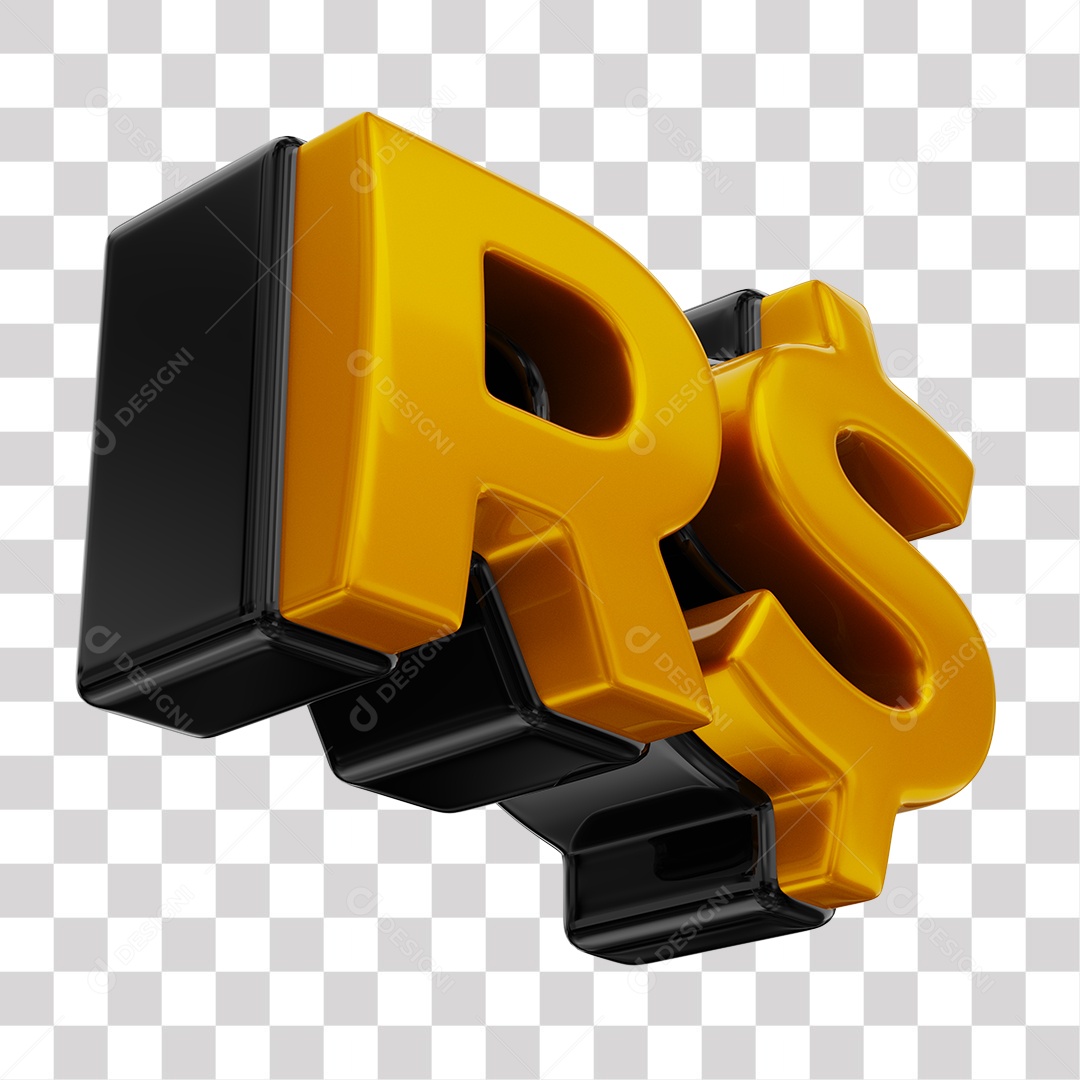 Símbolo de Real Elemento 3D Dourado e Preto para Composição PNG Transparente
