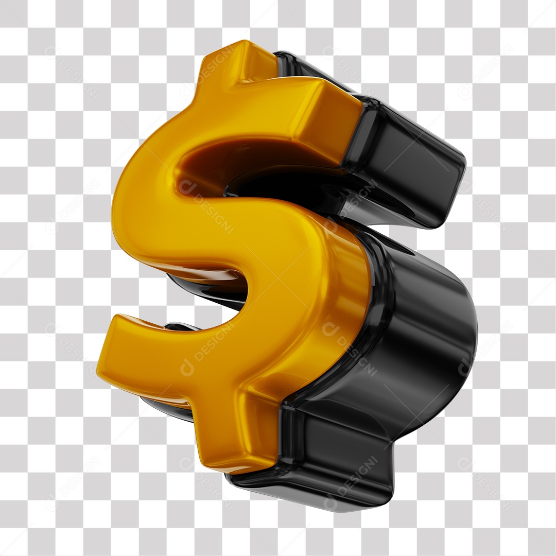 Símbolo de Cifrão Dourado e Preto Elemento 3D para Composição PNG Transparente