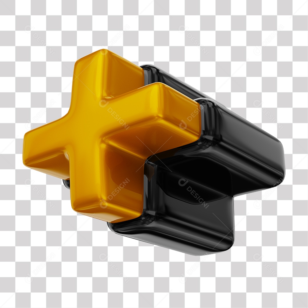 Símbolo de Mais + Elemento 3D Dourado e Preto para Composição PNG Transparente