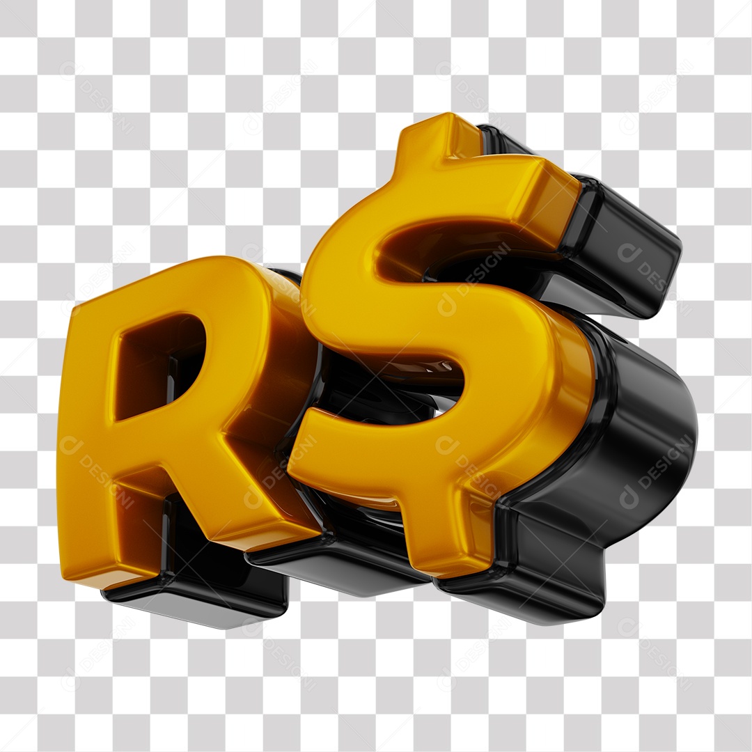 Símbolo de Real Elemento 3D Dourado e Preto para Composição PNG Transparente
