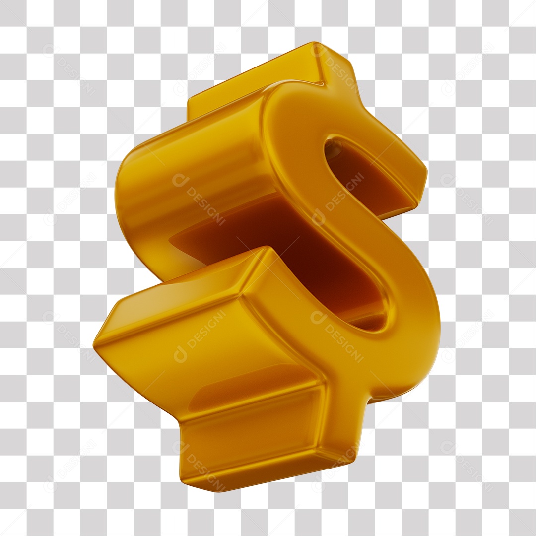 Símbolo de Cifrão Dourado Elemento 3D para Composição PNG Transparente