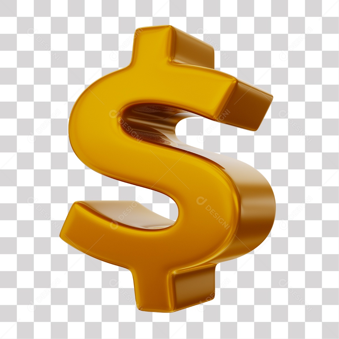Símbolo de Cifrão Dourado Elemento 3D para Composição PNG Transparente