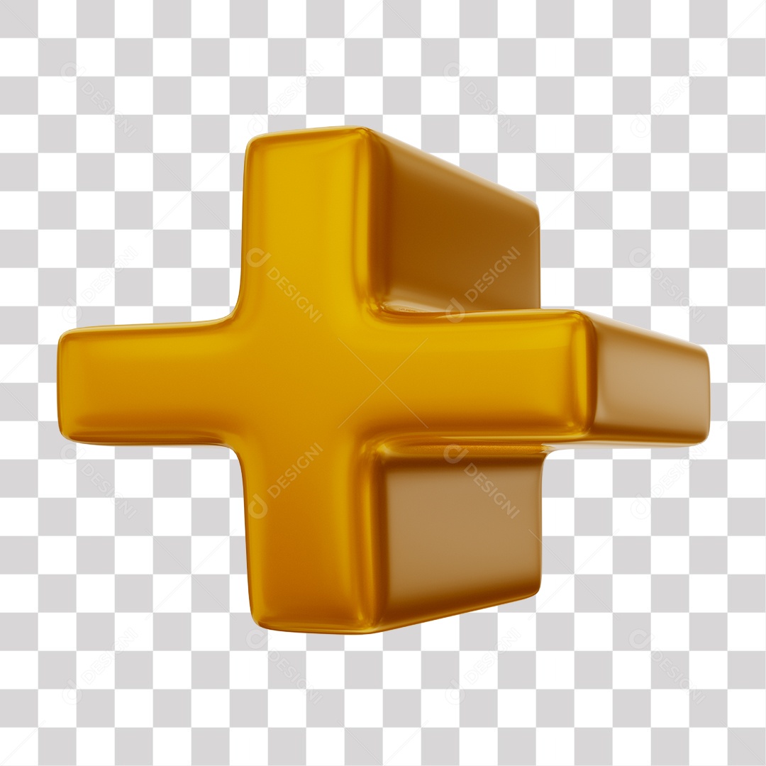 Símbolo de Mais + Elemento 3D Dourado para Composição PNG Transparente