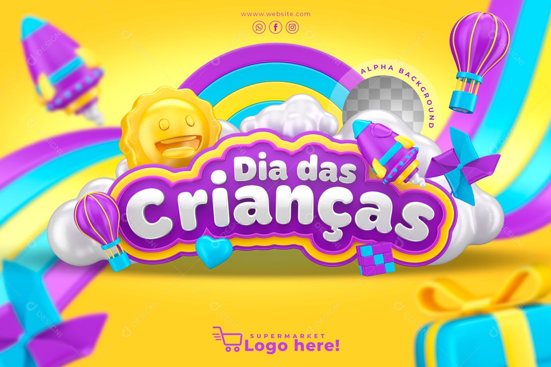 Selo 3D Para Composição Dia Das Crianças Fundo Amarelo PSD