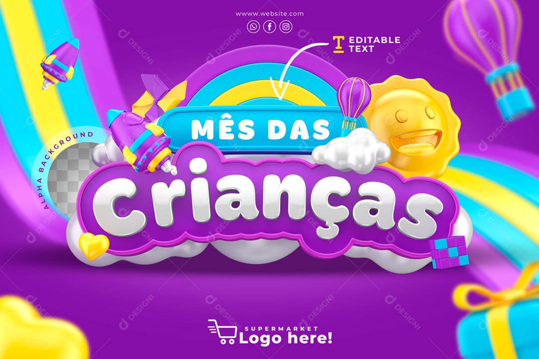 Selo 3D Para Composição Mês Das Crianças Fundo Amarelo PSD