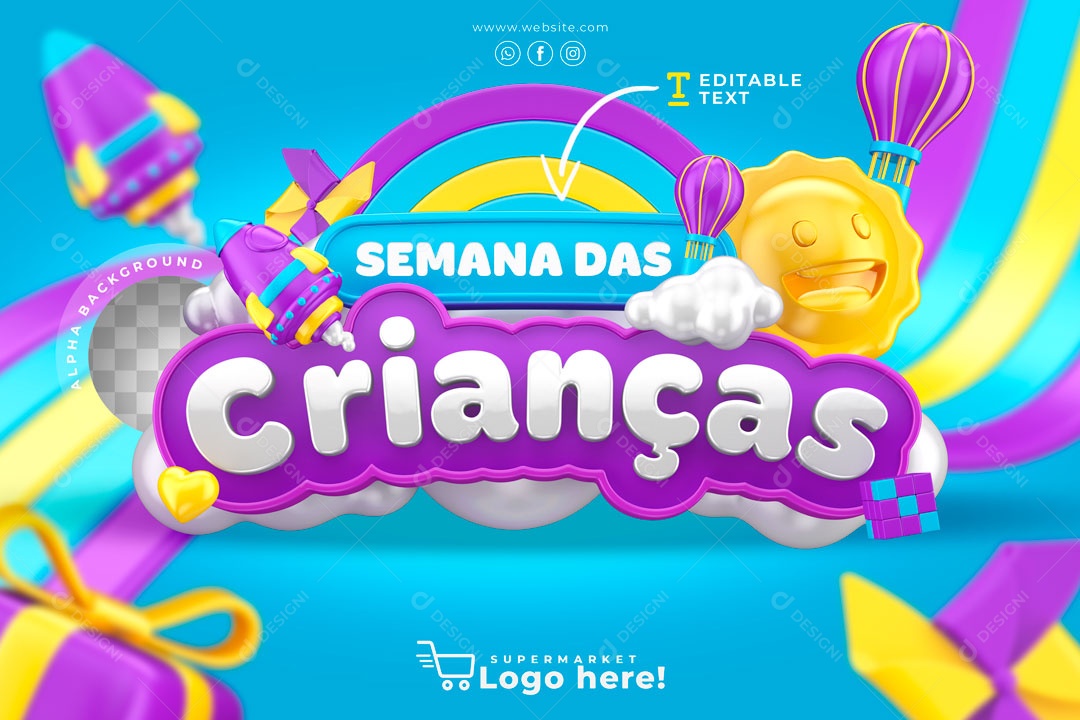 Selo 3D Para Composição Semana Das Crianças Fundo Amarelo PSD
