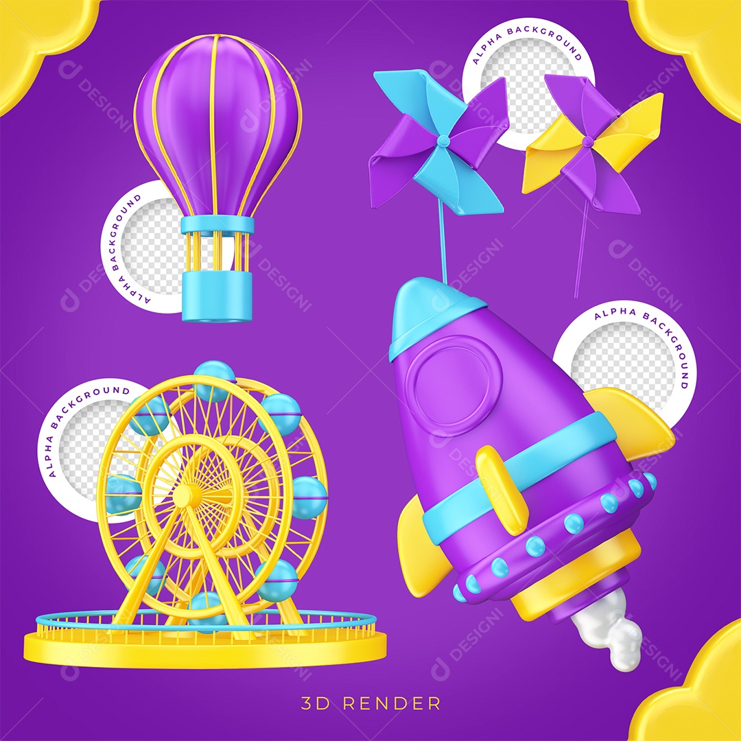 Elementos 3D Foguete Roda Gigante Corta Vento e Balão de Ar do Dia Das Crianças PSD