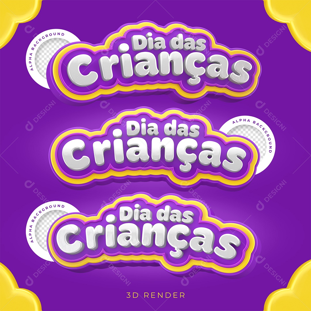 Dia Das Crianças Selo 3D Roxo e Amarelo para Composição PSD