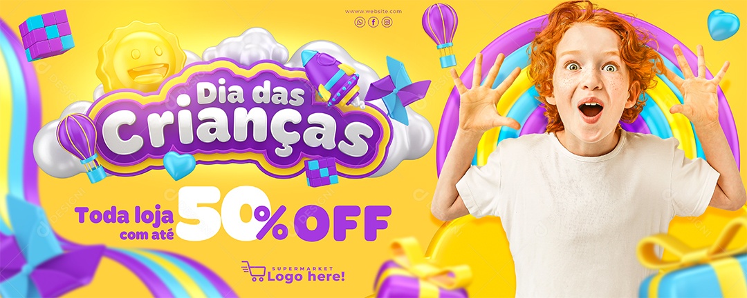 Banner Dia Das Crianças Toda loja com até 50% Off Social Media PSD Editável