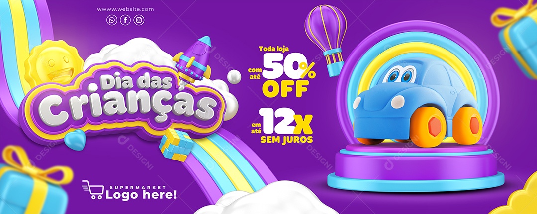 Banner Dia Das Crianças Toda loja com até 50% Off Lojas Social Media PSD Editável