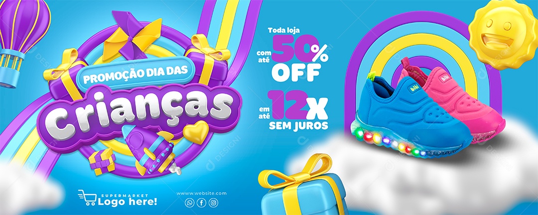 Banner Promoção Dia Das Crianças Toda loja com até 50% Off Lojas Social Media PSD Editável