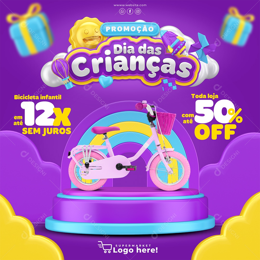 Promoção Dia Das Crianças Bicicleta infantil em até 12x até 50% Off Lojas Social Media PSD Editável