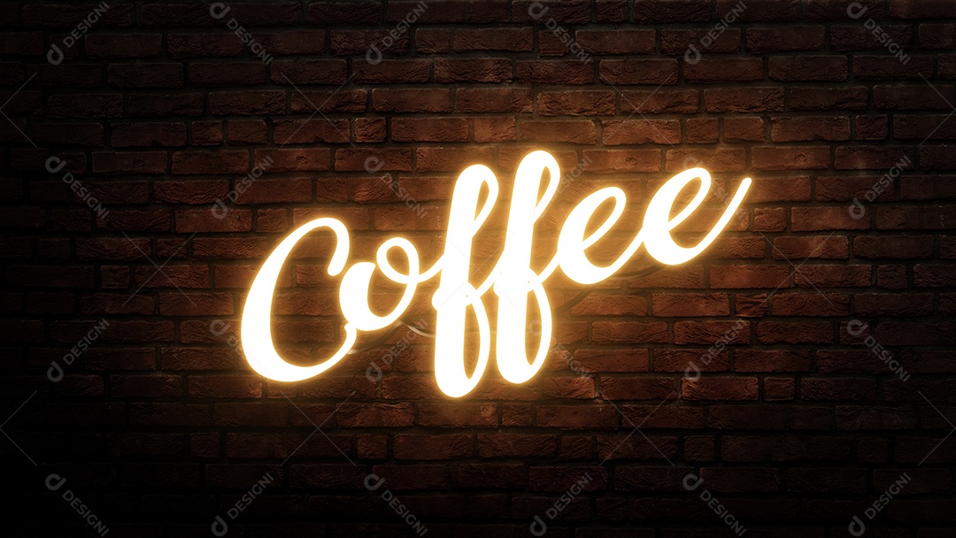 Emblema de sinal de néon de café em estilo neon no fundo da parede de tijolo