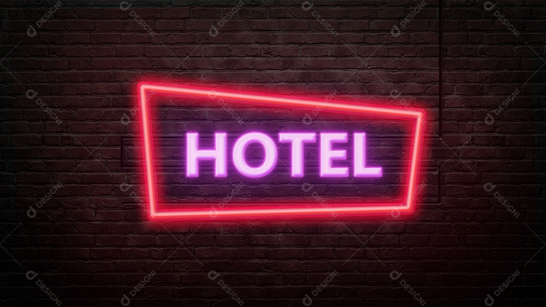 emblema de sinal de hotel em estilo neon no fundo da parede de tijolo