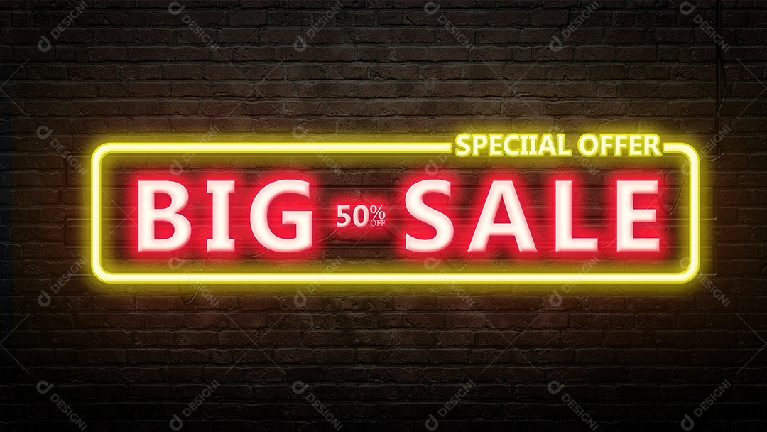 Emblema de sinal BIG SALE em estilo neon no fundo da parede de tijolos