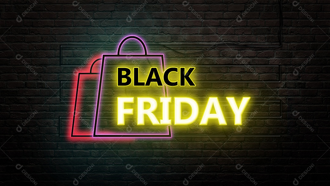 Emblema de sinal de sexta-feira negra em estilo neon no fundo da parede de tijolos