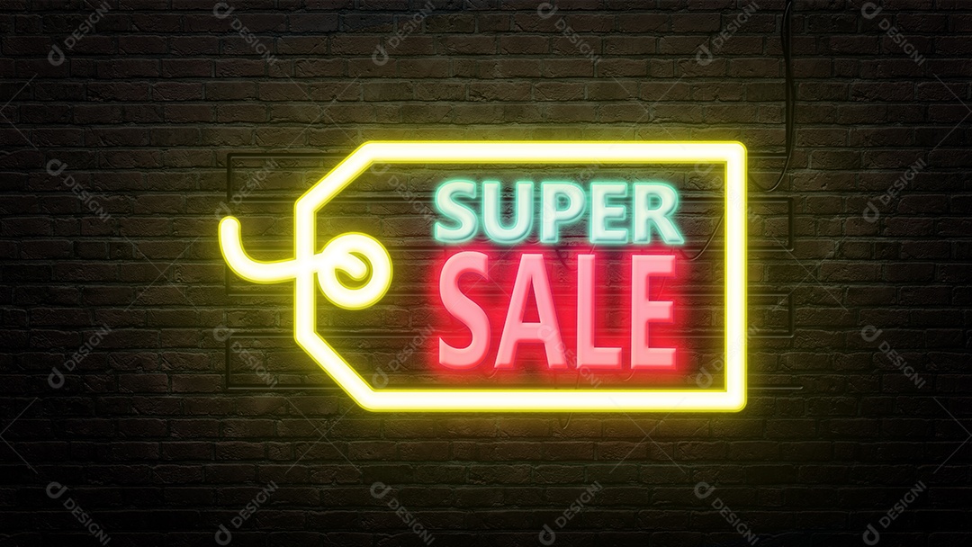 Emblema de sinal SUPER SALE em estilo neon no fundo da parede de tijolos